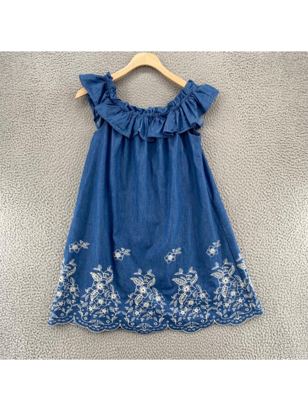 JOA Dress Womens Small Blue Chambray Shift Ruffle Off Shoulder Embroidered Hem
